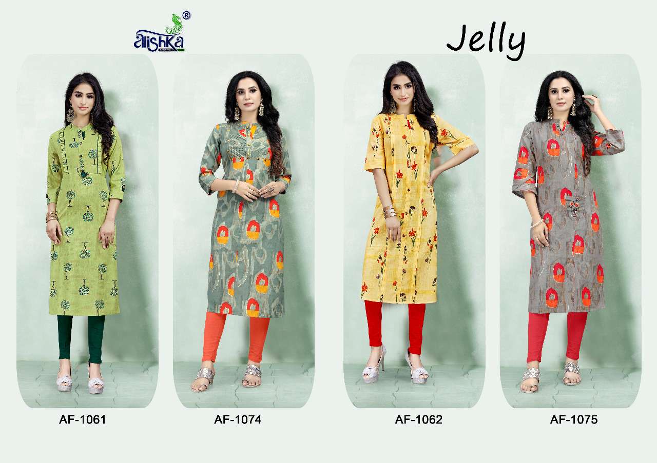 JELLY BY ALISHKA FASHION 1061 TO 1064 SERIES BEAUTIFUL STYLISH FANCY COLORFUL CASUAL WEAR & ETHNIC WEAR FLEX COTTON KURTI AT WHOLESALE PRICE